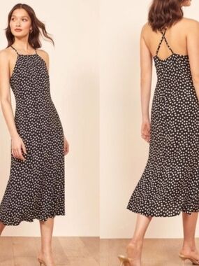 Black Polka Dot Midi Dress with Crisscross In Ditsy Daisy